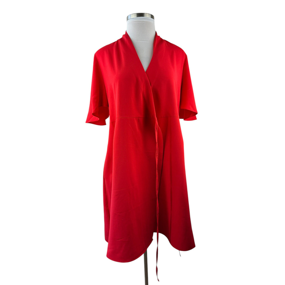 Ming Wang Butterfly Sleeve Crepe de Chine Wrap Dress Poppy Red Women's Size XL - Picture 4 of 16